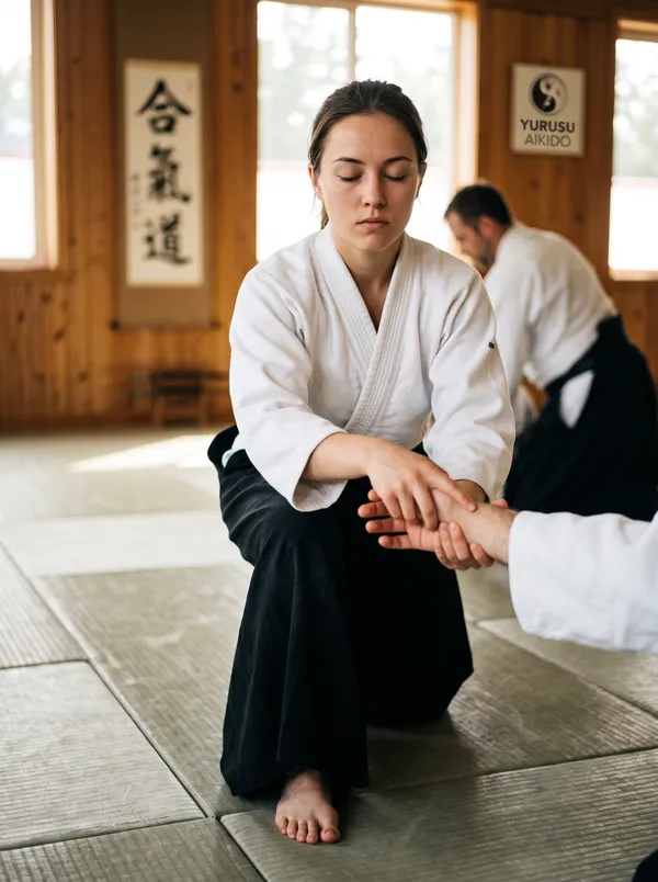 Közelkép egy aikido gyakorlóról a tatamin. Egy nő fekete hakama-ban és fehér gi-ben, lehunyt szemmel, mély koncentrációval gyakorol csukléfeszítést partnerével. Háttérben blurred dojo belső, japán kalligráfia és a Yurusu Aikido logo látható.