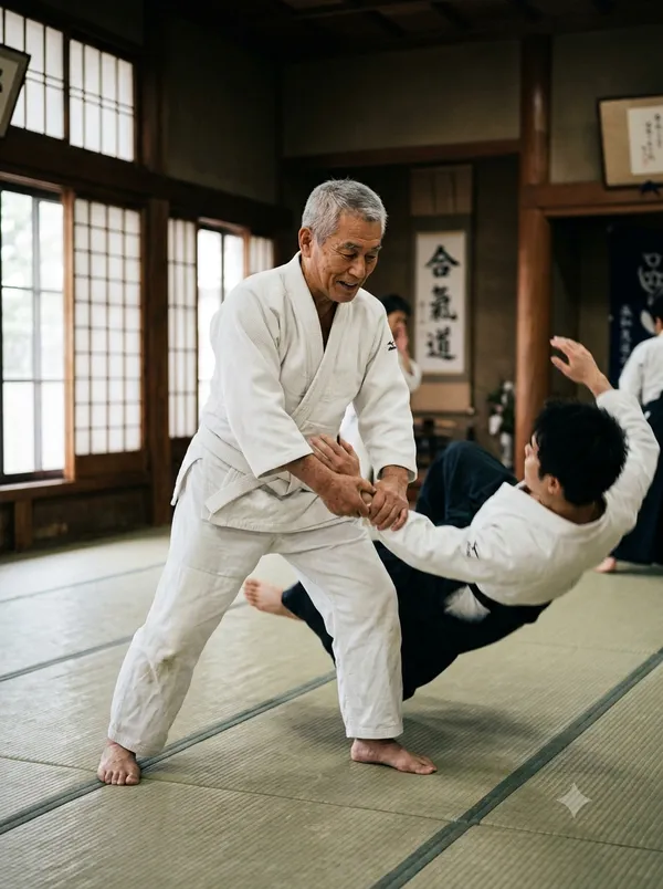 Idős aikidoka és tanítómester a tatamin