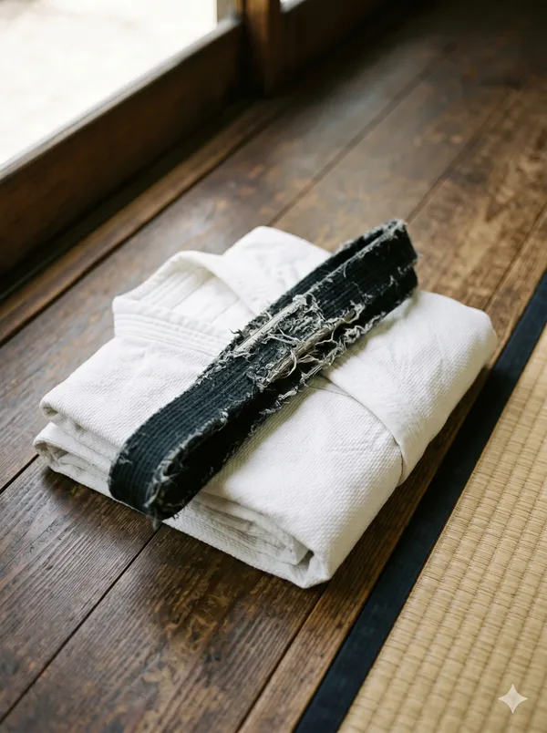 Összehajtogatott aikido keikogi és fekete öv a tatami szélén