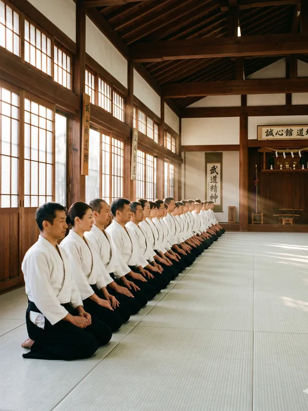 Martial arts seminar participants on the tatami